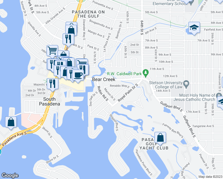 map of restaurants, bars, coffee shops, grocery stores, and more near 1335 Augusta Lane South in Saint Petersburg