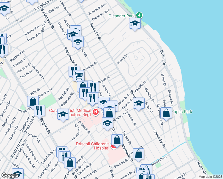 map of restaurants, bars, coffee shops, grocery stores, and more near 337 Primrose Drive in Corpus Christi