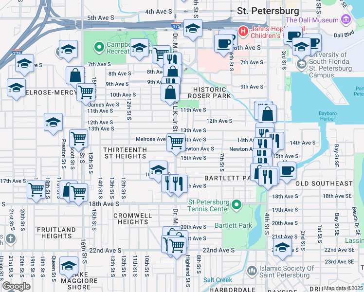map of restaurants, bars, coffee shops, grocery stores, and more near 885 Newton Avenue South in St. Petersburg