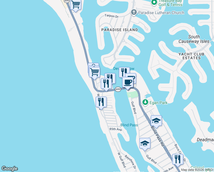 map of restaurants, bars, coffee shops, grocery stores, and more near 9715 Harrell Avenue in Treasure Island