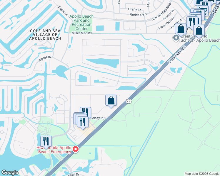 map of restaurants, bars, coffee shops, grocery stores, and more near 5649 Sunset Falls Drive in Apollo Beach