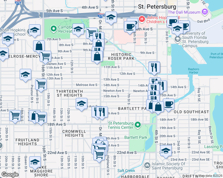 map of restaurants, bars, coffee shops, grocery stores, and more near 1448 Highland Street South in St. Petersburg