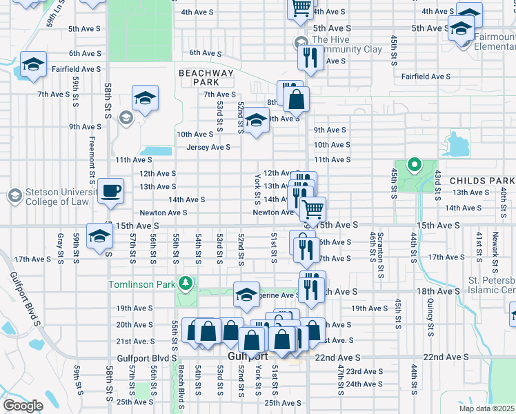 map of restaurants, bars, coffee shops, grocery stores, and more near 5118 Newton Avenue South in Gulfport