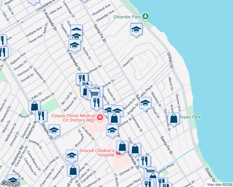 map of restaurants, bars, coffee shops, grocery stores, and more near 337 Primrose Drive in Corpus Christi