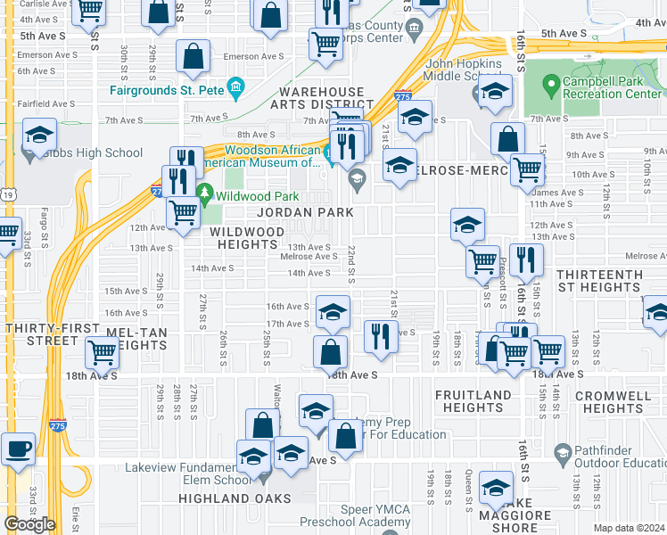 map of restaurants, bars, coffee shops, grocery stores, and more near 2235 14th Avenue South in St. Petersburg