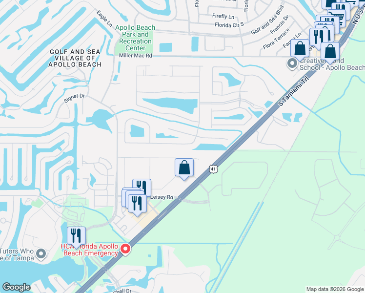 map of restaurants, bars, coffee shops, grocery stores, and more near 5649 Sunset Falls Drive in Apollo Beach