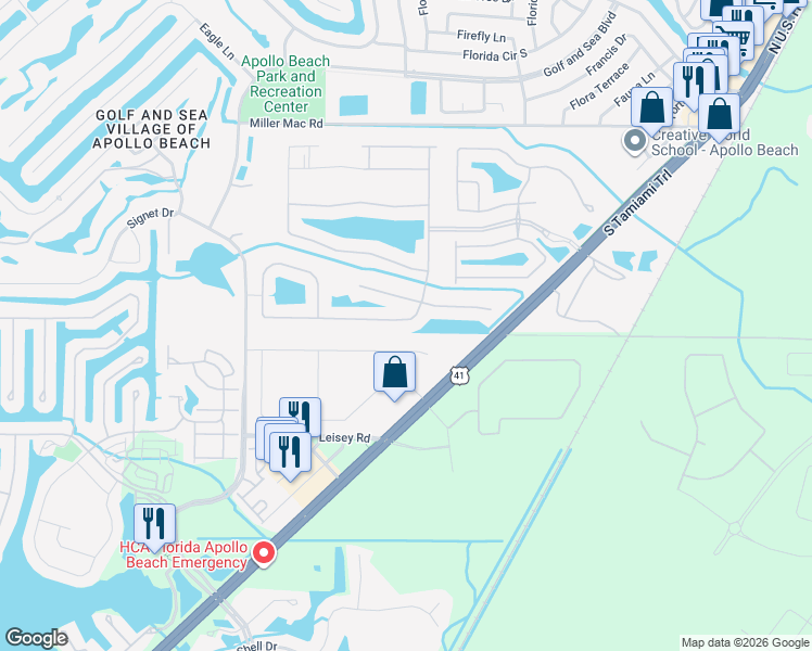 map of restaurants, bars, coffee shops, grocery stores, and more near 5649 Sunset Falls Drive in Apollo Beach