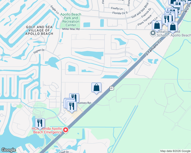 map of restaurants, bars, coffee shops, grocery stores, and more near 5649 Sunset Falls Drive in Apollo Beach