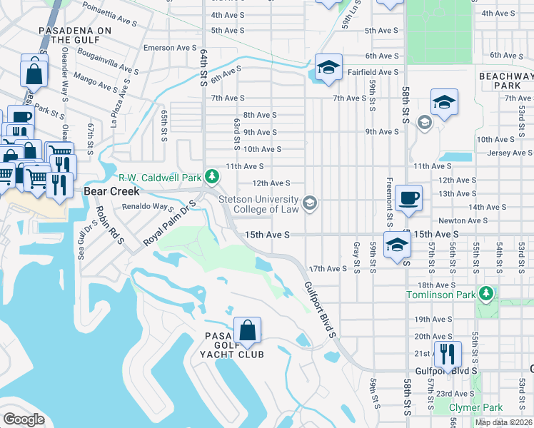 map of restaurants, bars, coffee shops, grocery stores, and more near 6201 14th Avenue South in Gulfport