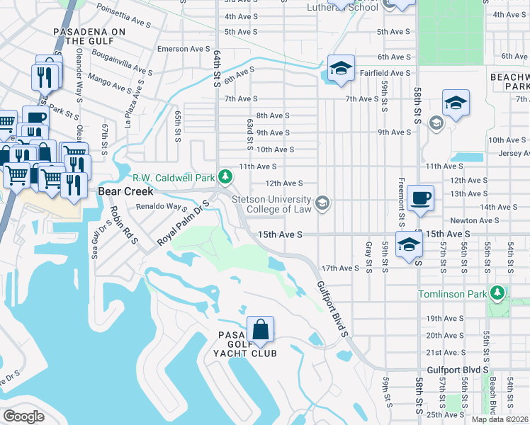 map of restaurants, bars, coffee shops, grocery stores, and more near 6305 Gulfport Boulevard South in Gulfport