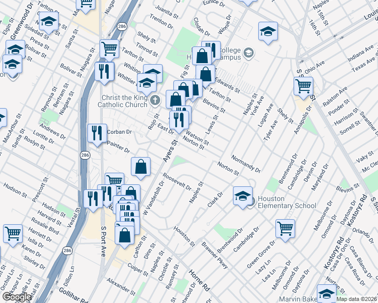 map of restaurants, bars, coffee shops, grocery stores, and more near 238 Ellis Drive in Corpus Christi