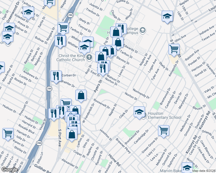 map of restaurants, bars, coffee shops, grocery stores, and more near 238 Ellis Drive in Corpus Christi