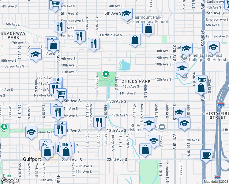 map of restaurants, bars, coffee shops, grocery stores, and more near 1427 43rd Street South in St. Petersburg