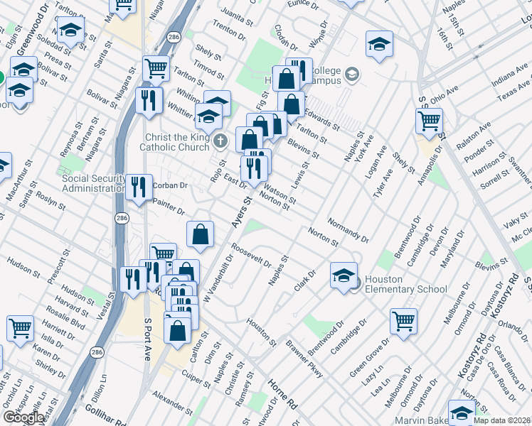 map of restaurants, bars, coffee shops, grocery stores, and more near 238 Ellis Drive in Corpus Christi