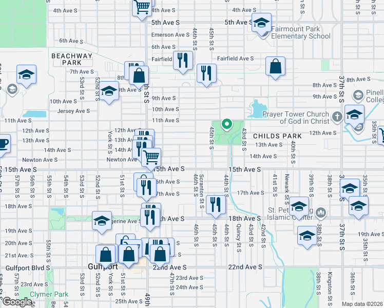 map of restaurants, bars, coffee shops, grocery stores, and more near 4611 14th Avenue South in St. Petersburg