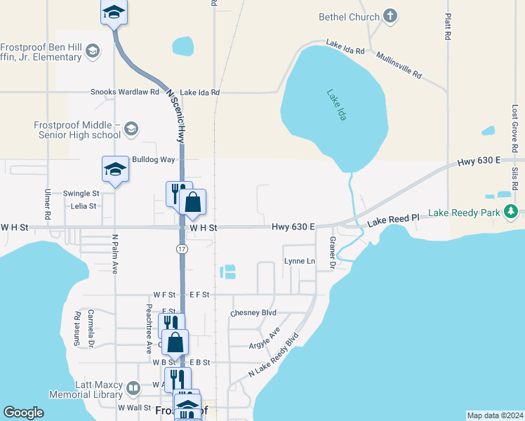 map of restaurants, bars, coffee shops, grocery stores, and more near 500 Central Ridge Drive in Frostproof