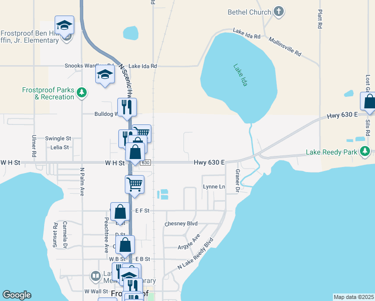 map of restaurants, bars, coffee shops, grocery stores, and more near 500 Central Ridge Lane in Frostproof