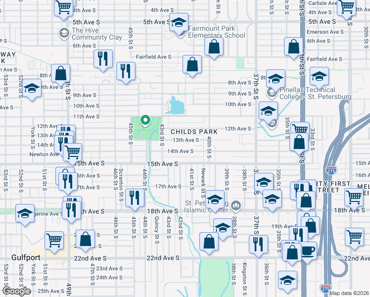 map of restaurants, bars, coffee shops, grocery stores, and more near 4143 14th Avenue South in Saint Petersburg