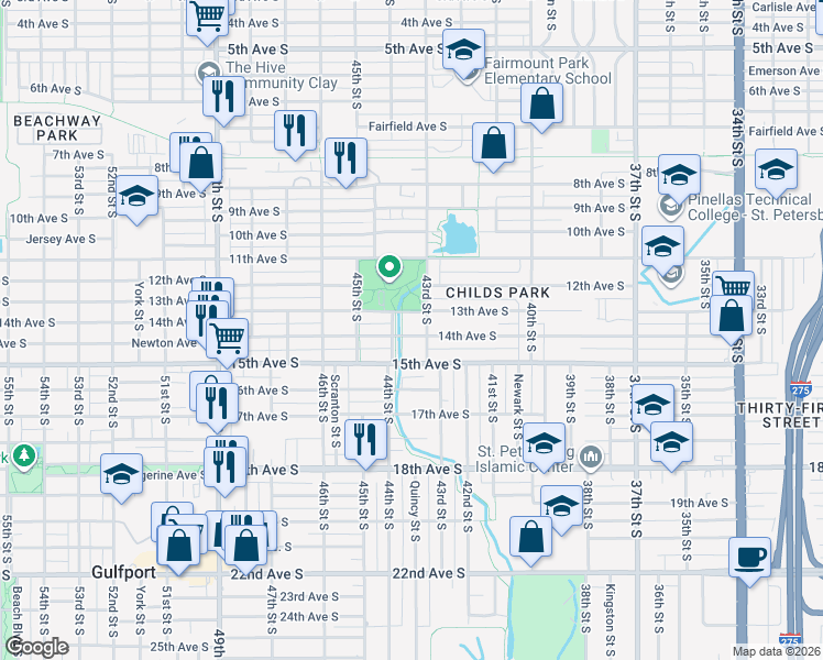 map of restaurants, bars, coffee shops, grocery stores, and more near 1427 43rd Street South in St. Petersburg