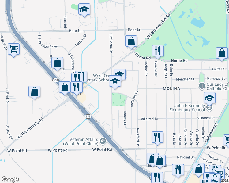 map of restaurants, bars, coffee shops, grocery stores, and more near 5050 Rockford Drive in Corpus Christi