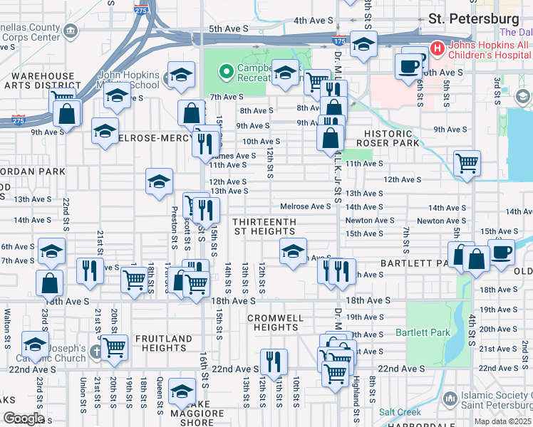 map of restaurants, bars, coffee shops, grocery stores, and more near 1347 12th Street South in St. Petersburg