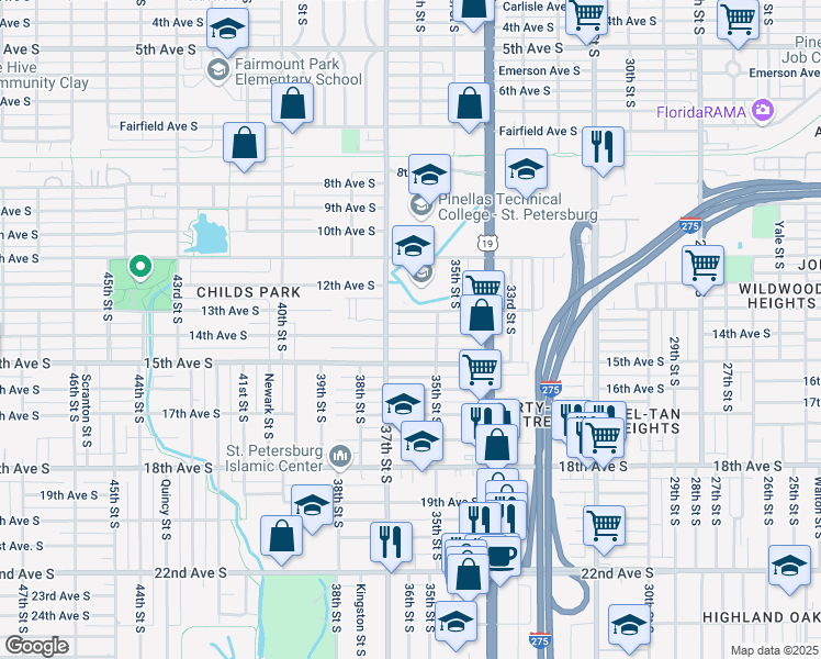 map of restaurants, bars, coffee shops, grocery stores, and more near 3655 15th Avenue South in St. Petersburg