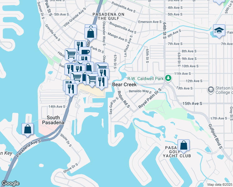 map of restaurants, bars, coffee shops, grocery stores, and more near 1203 Robin Road South in St. Petersburg