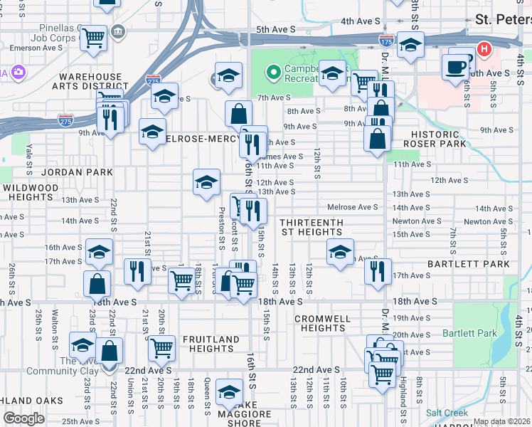 map of restaurants, bars, coffee shops, grocery stores, and more near 1320 16th Street South in St. Petersburg