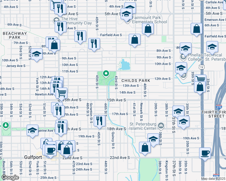 map of restaurants, bars, coffee shops, grocery stores, and more near 1305 43rd Street South in St. Petersburg