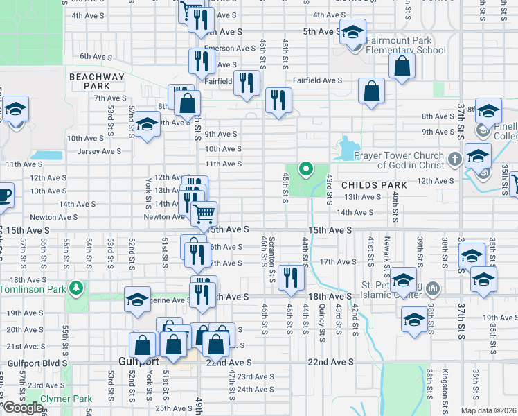 map of restaurants, bars, coffee shops, grocery stores, and more near 4643 13th Avenue South in St. Petersburg