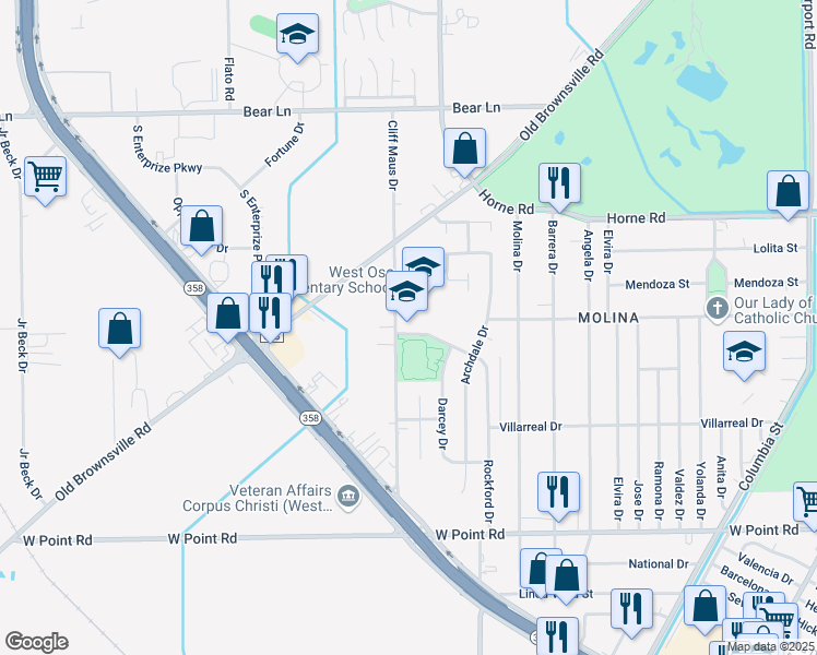 map of restaurants, bars, coffee shops, grocery stores, and more near 5050 Rockford Drive in Corpus Christi