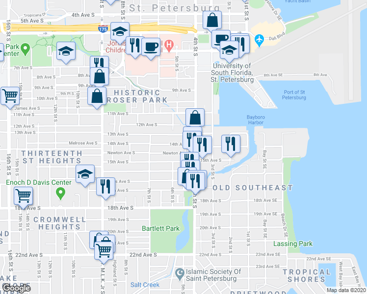 map of restaurants, bars, coffee shops, grocery stores, and more near 510 13th Avenue South in St. Petersburg
