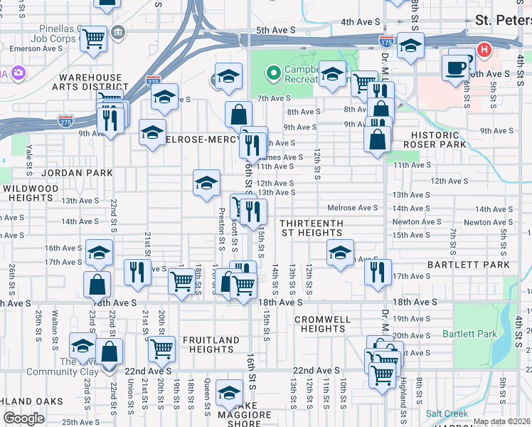 map of restaurants, bars, coffee shops, grocery stores, and more near 1320 16th Street South in St. Petersburg