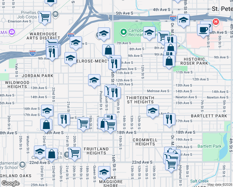 map of restaurants, bars, coffee shops, grocery stores, and more near 1320 16th Street South in St. Petersburg