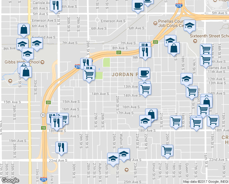 map of restaurants, bars, coffee shops, grocery stores, and more near 2549 13th Avenue South in St. Petersburg