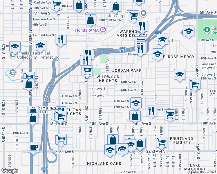 map of restaurants, bars, coffee shops, grocery stores, and more near 2549 13th Avenue South in St. Petersburg