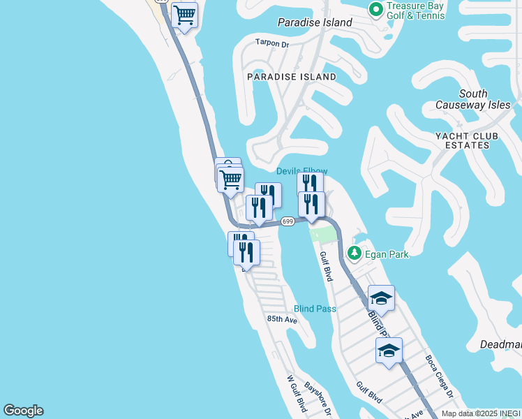map of restaurants, bars, coffee shops, grocery stores, and more near 9805 Harrell Avenue in Treasure Island