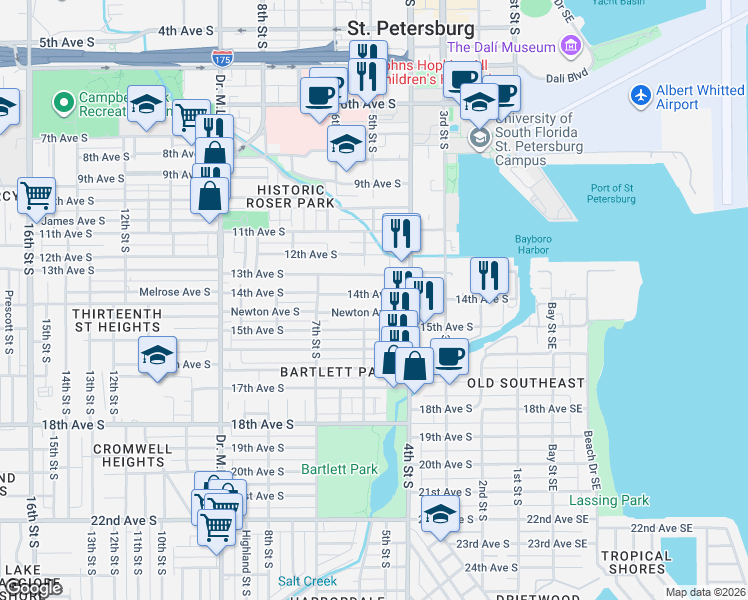 map of restaurants, bars, coffee shops, grocery stores, and more near 510 13th Avenue South in St. Petersburg