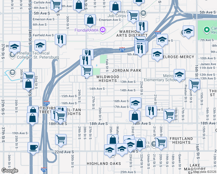 map of restaurants, bars, coffee shops, grocery stores, and more near 2549 13th Avenue South in St. Petersburg