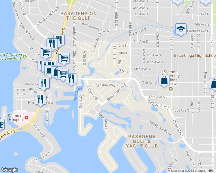 map of restaurants, bars, coffee shops, grocery stores, and more near 6560 Gulfport Boulevard South in South Pasadena