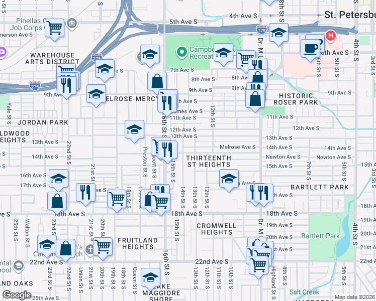 map of restaurants, bars, coffee shops, grocery stores, and more near 1324 Melrose Avenue South in St. Petersburg