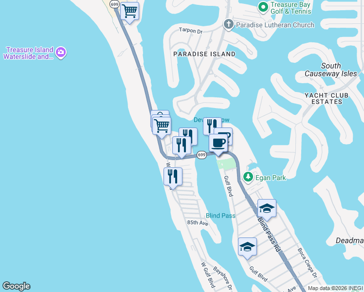 map of restaurants, bars, coffee shops, grocery stores, and more near 9755 Harrell Avenue in Treasure Island