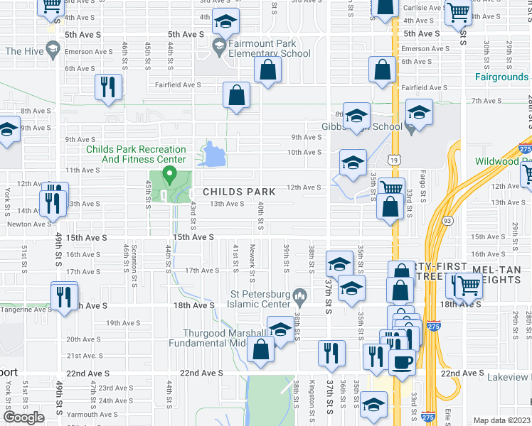 map of restaurants, bars, coffee shops, grocery stores, and more near 1324 40th Street South in Saint Petersburg