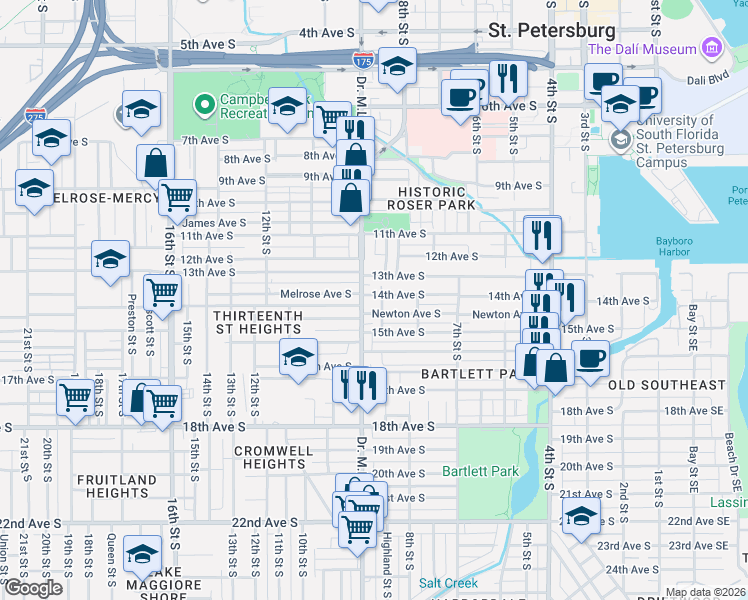 map of restaurants, bars, coffee shops, grocery stores, and more near 866 13th Avenue South in Saint Petersburg