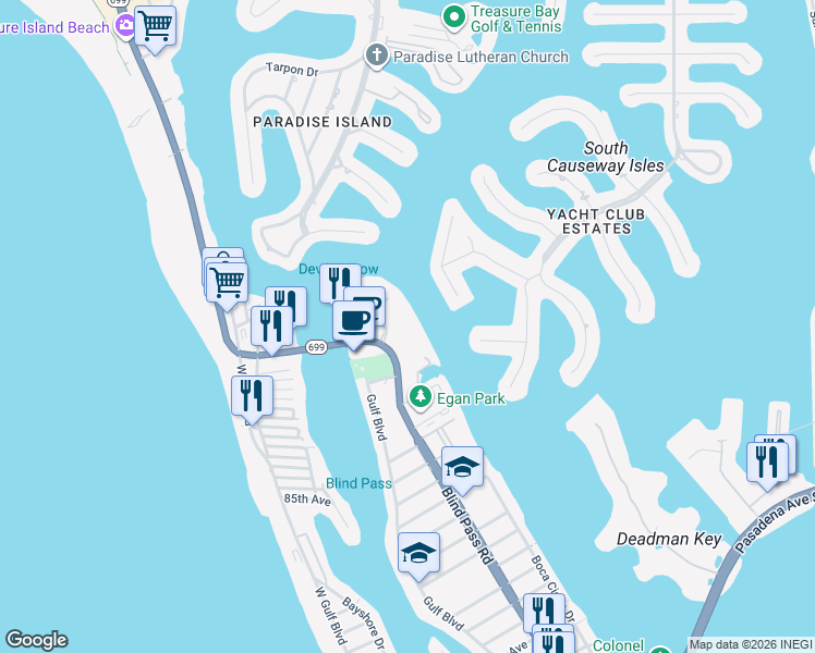 map of restaurants, bars, coffee shops, grocery stores, and more near 9425 Blind Pass Road in St. Pete Beach
