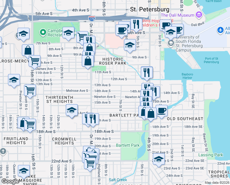 map of restaurants, bars, coffee shops, grocery stores, and more near 778 13th Avenue South in St. Petersburg