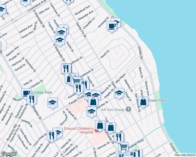 map of restaurants, bars, coffee shops, grocery stores, and more near 333 Camellia Drive in Corpus Christi
