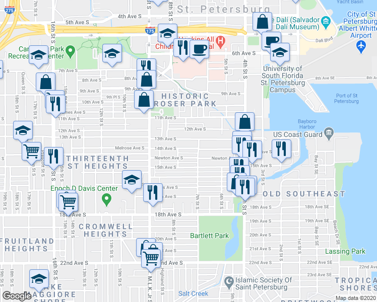 map of restaurants, bars, coffee shops, grocery stores, and more near 778 13th Avenue South in St. Petersburg