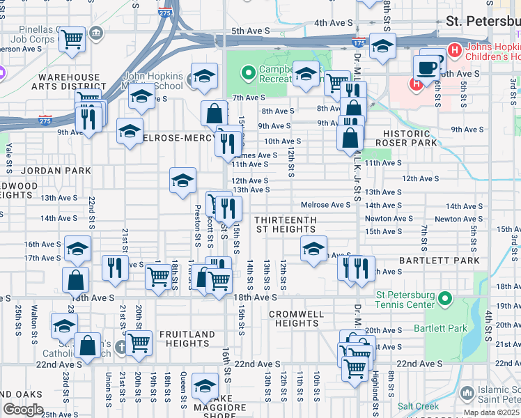 map of restaurants, bars, coffee shops, grocery stores, and more near 1333 Melrose Avenue South in St. Petersburg