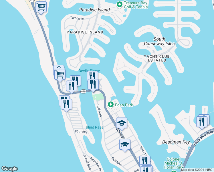 map of restaurants, bars, coffee shops, grocery stores, and more near 9425 Blind Pass Road in St. Pete Beach